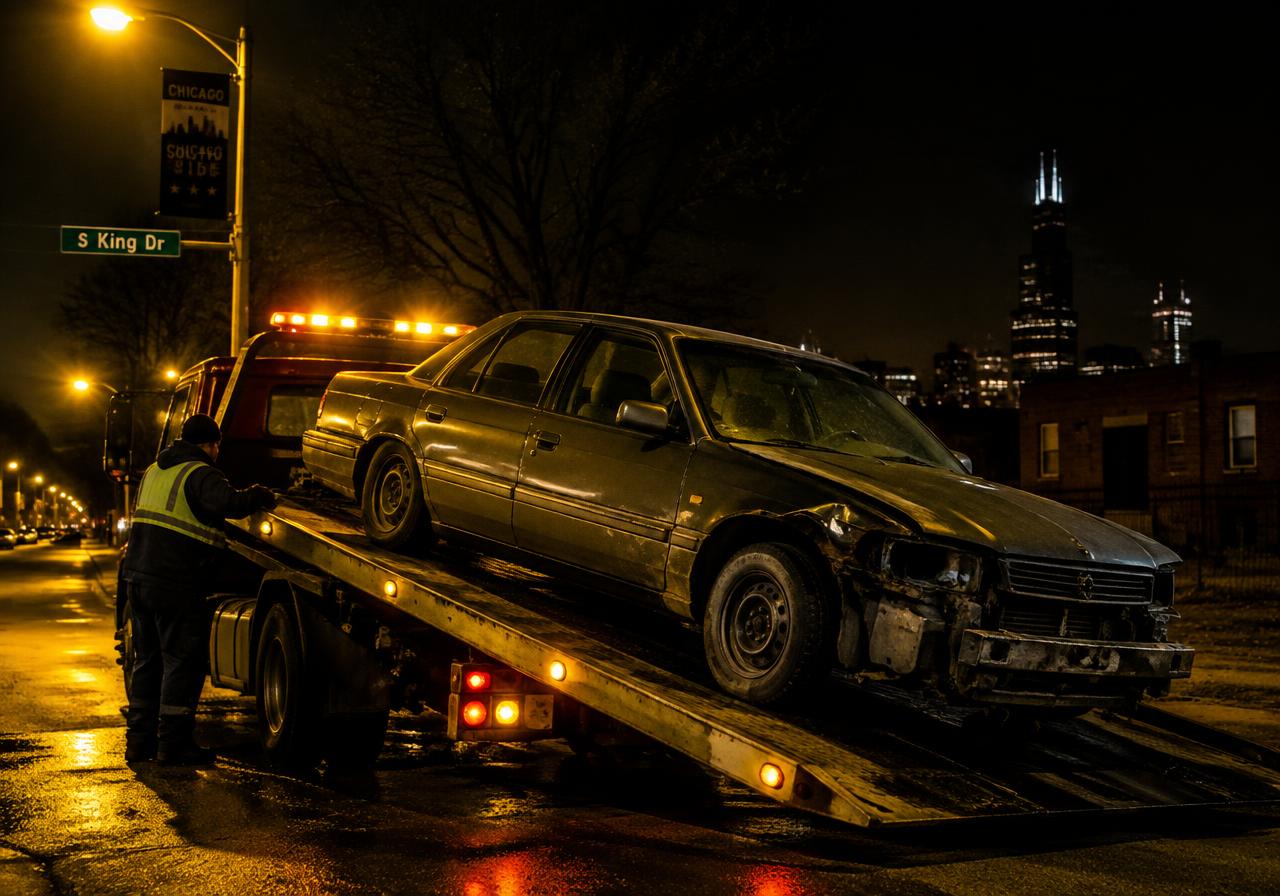 Damaged car loaded on a tow truck at night on Chicago's South Side